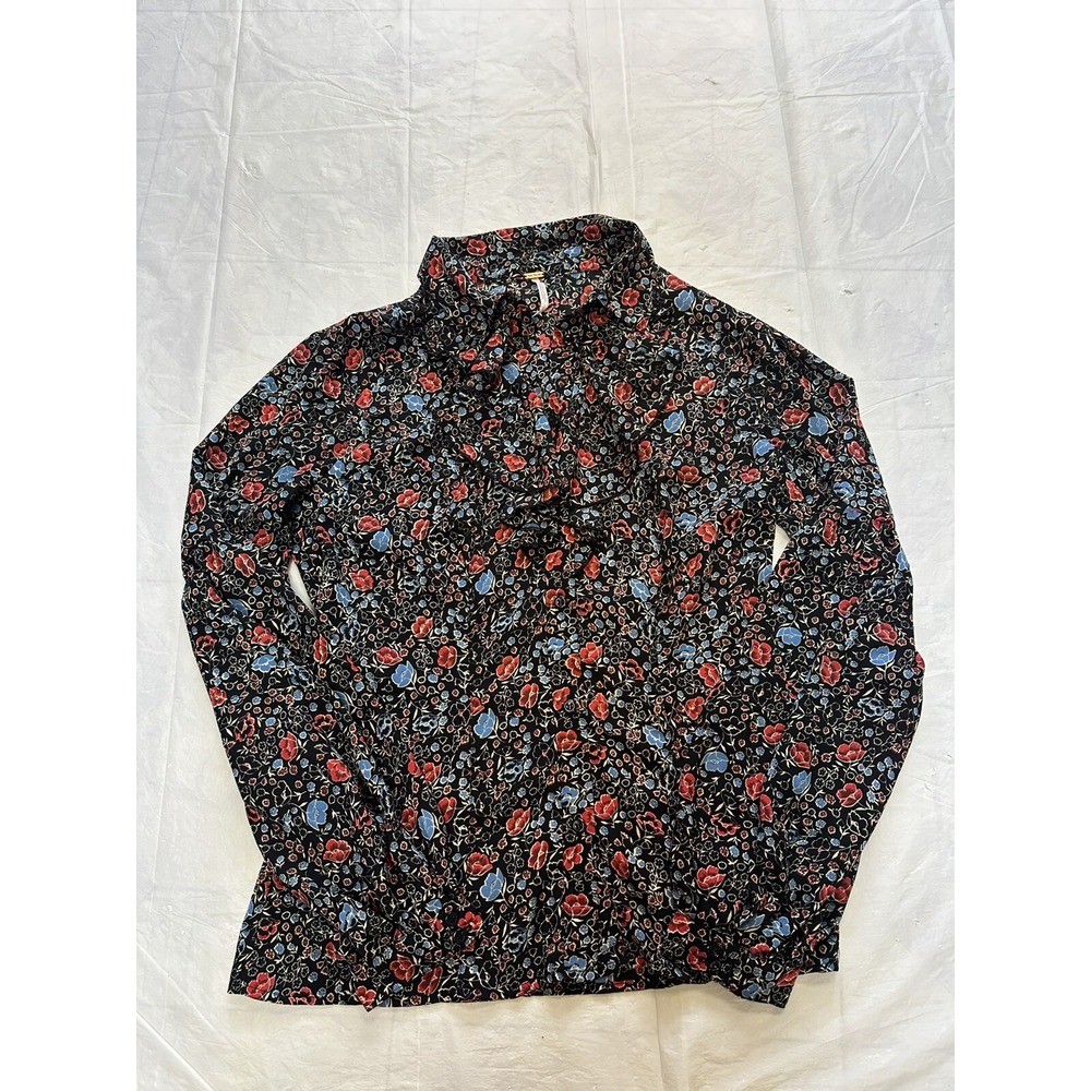 Free People black Long Sleeve Top Button Down Boho Ruffled Blouse Size XS floral